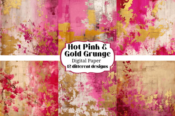 Hot Pink Gold Grunge Backgrounds Texture: Bold Digital Papers
